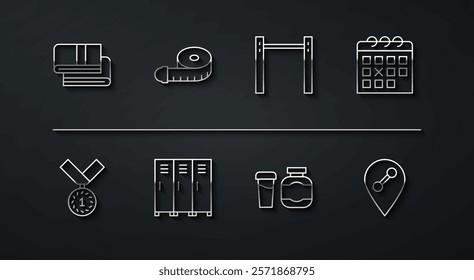 Set line Towel stack, Medal, Calendar fitness, Sports nutrition, Locker changing room, Tape measure, Location gym and Horizontal bar icon. Vector