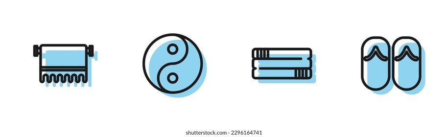 Set line Towel stack, on hanger, Yin Yang and Flip flops icon. Vector