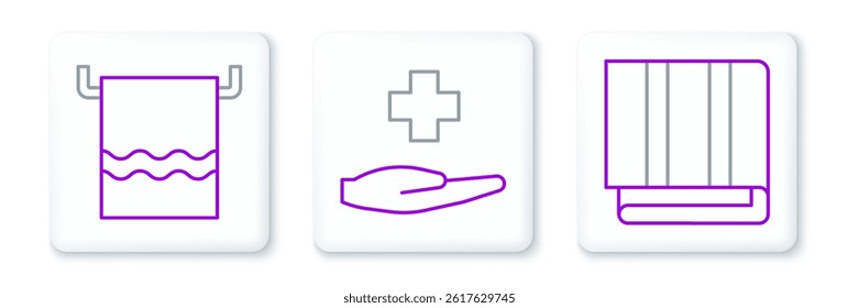 Set line Towel stack, on hanger and Cross hospital medical icon. Vector