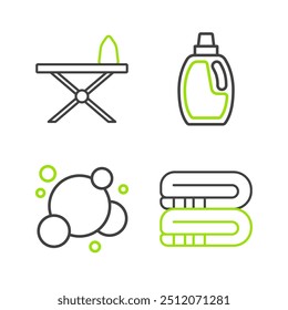 Set line Towel stack, Soap water bubbles, Bottle for cleaning agent and Iron and ironing board icon. Vector
