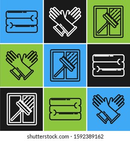 Set line Towel stack , Squeegee, scraper, wiper and Rubber gloves  icon. Vector