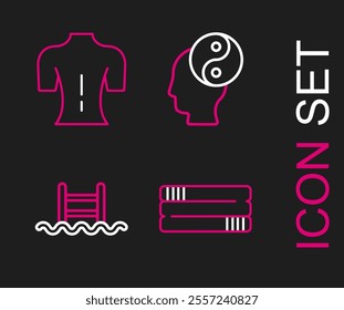 Set line Towel stack, Swimming pool with ladder, Yin Yang and Massage icon. Vector