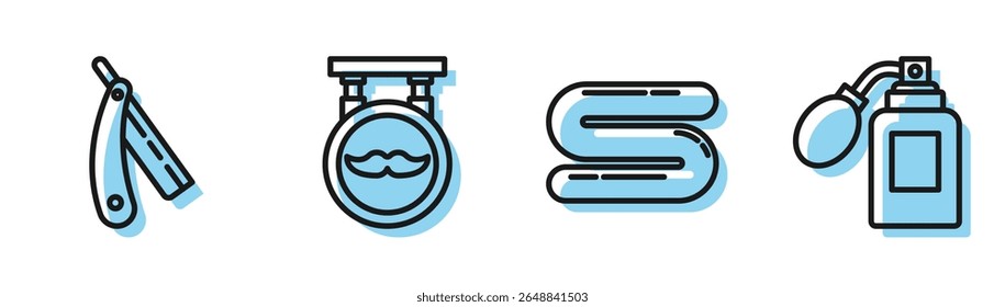 Set line Towel, Straight razor, Barbershop and Aftershave bottle with atomizer icon. Vector