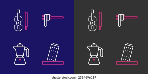 Set line Tower in Pisa, Coffee moca pot, Pasta spaghetti and Violin icon. Vector