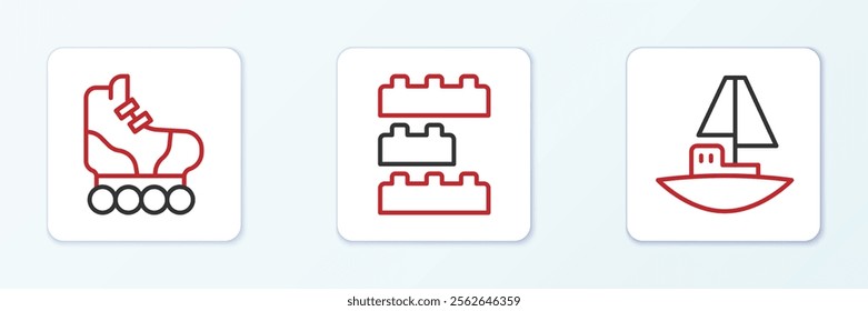 Set line Toy boat, Roller skate and building block bricks icon. Vector