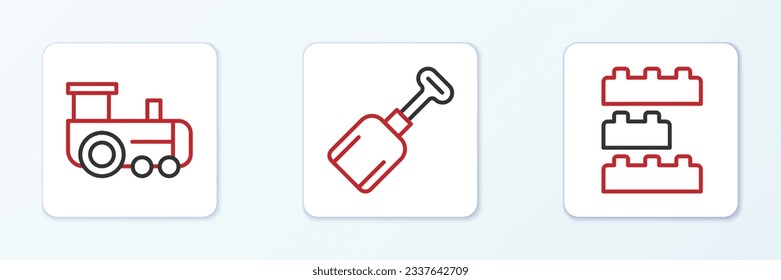 Set line Toy building block bricks, train and Shovel toy icon. Vector