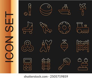 Set line Toy building block bricks, Abacus, train, boat, plane, Roller skate, Baseball bat with ball and Soccer football icon. Vector