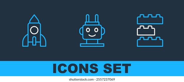 Set line Toy building block bricks, Rocket ship toy and Robot icon. Vector