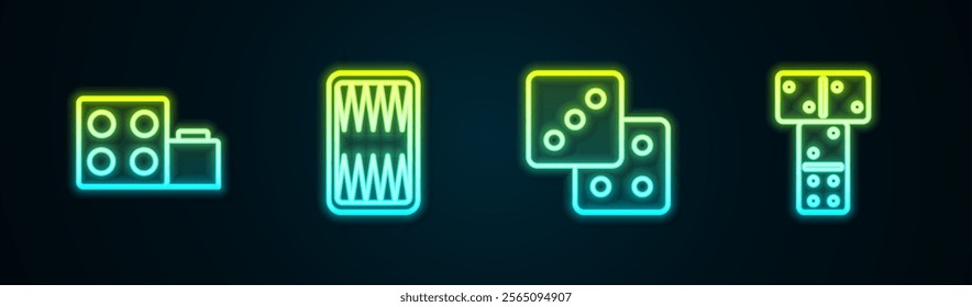 Set line Toy building block bricks, Backgammon board, Game dice and Domino. Glowing neon icon. Vector