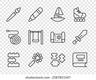 Set line Toy building block bricks, Book, boat, Rattle baby toy, Paint brush, Swing, Puzzle pieces and Sword icon. Vector