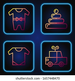 Set line Toy car, Baby onesie, Baby clothes and Pyramid toy. Gradient color icons. Vector