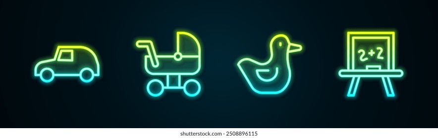 Set line Toy car, Baby stroller, Rubber duck and Chalkboard. Glowing neon icon. Vector