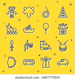 Línea Toy car, Drum with drum sticks, Jack in the box toy, Yoyo, boat, Roller skate, Robot y icono de la cinta Balloons. Vector
