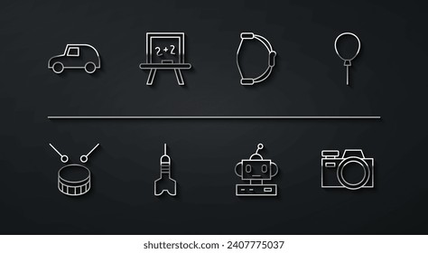 Set line Toy car, Drum with drum sticks, Balloons ribbon, Robot toy, Dart arrow, Chalkboard, Photo camera and Bow icon. Vector