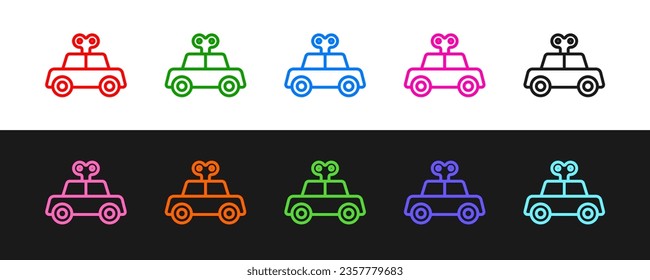 Set line Toy car icon isolated on black and white background.  Vector