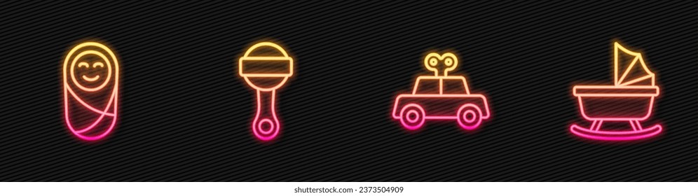 Set line Toy car, Newborn baby infant swaddled, Rattle toy and Baby stroller. Glowing neon icon. Vector