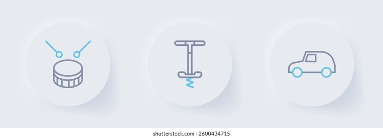 Set line Toy car, Pogo stick jumping toy and Drum with drum sticks icon. Vector