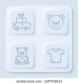 Set line Toy car, Teddy bear plush toy, Teddy bear plush toy and Baby onesie. White square button. Vector