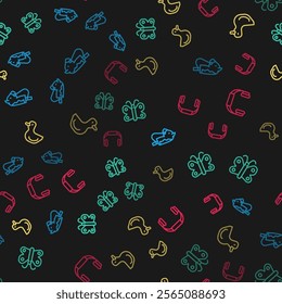 Set line Toy horse, Butterfly, Rubber duck and Headphones on seamless pattern. Vector