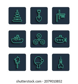 Set line Toy horse, Racket and ball, Dart arrow, Basketball backboard, Fidget spinner, boat, Pyramid toy and Submarine icon. Vector