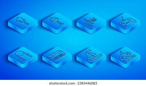 Set line Toy horse, Rattle baby toy, Basketball backboard, piano, boat, Gamepad, Jump rope and Robot icon. Vector