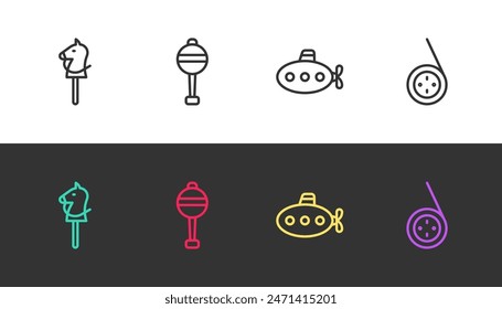 Set line Toy horse, Rattle baby toy, Submarine and Yoyo on black and white. Vector