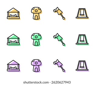 Set line Toy horse, Sandbox with sand, Mushroom house and Swing for kids icon. Vector