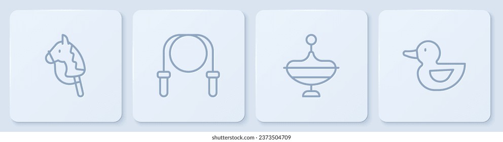 Set line Toy horse, Whirligig toy, Jump rope and Rubber duck. White square button. Vector