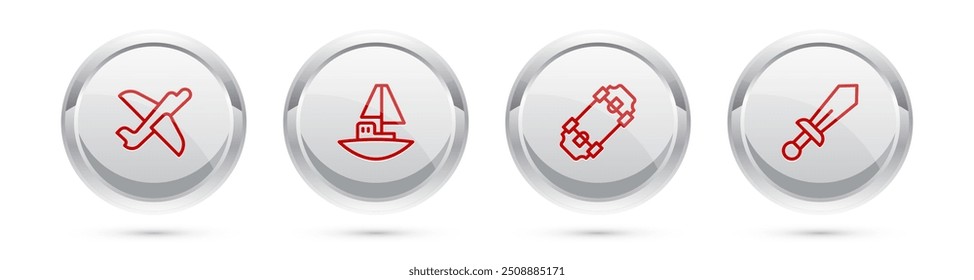 Set line Toy plane, boat, Skateboard and Sword toy. Silver circle button. Vector