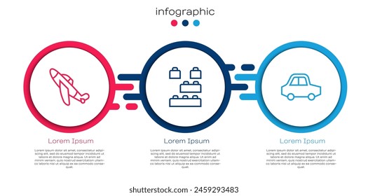 Set line Toy plane, building block bricks and car. Business infographic template. Vector