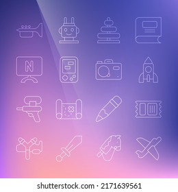 Fijar línea Avión de juguete, billete Circus, juguete para barcos de cohete, Pirámide, juego electrónico Tetris, Smart Tv, Trumpet e icono de la cámara fotográfica. Vector