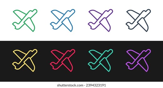 Set line Toy plane icon isolated on black and white background. Flying airplane icon. Airliner sign.  Vector