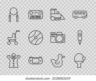 Set line Toy puppet doll on hand, Racket ball, train, Portable video game console, Jump rope, Basketball, Rubber duck and Marker pen icon. Vector