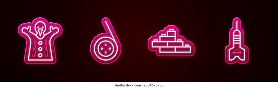 Set line Toy puppet doll on hand, Yoyo toy, building block bricks and Dart arrow. Glowing neon icon. Vector