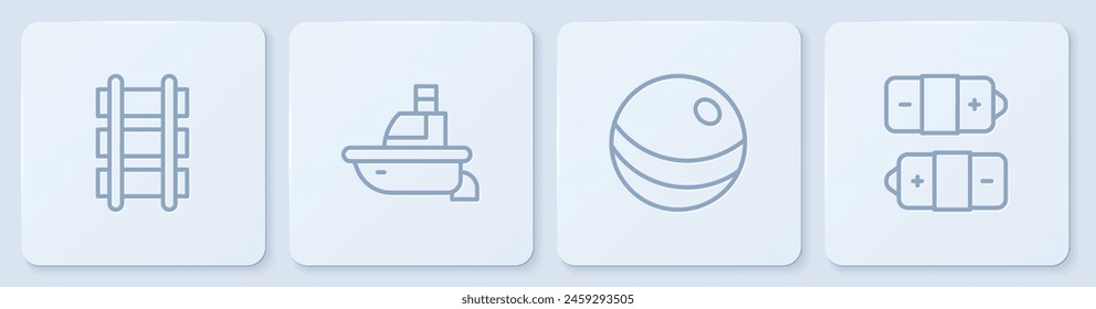 Set line Toy railway, Beach ball, boat and Battery. White square button. Vector