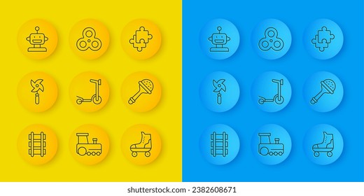 Set line Toy railway, Pinwheel toy, Roller scooter, skate, Rattle baby, Robot, Puzzle pieces and Fidget spinner icon. Vector