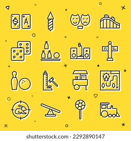 Set line Toy train, Amusement park map, Road traffic signpost, Comedy and tragedy masks, Bottles ball, Game dice, Tarot cards and Home stereo with two speakers icon. Vector