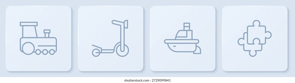 Set line Tren de juguete, barco, patinete y piezas de rompecabezas de juguete. Botón cuadrado blanco. Vector