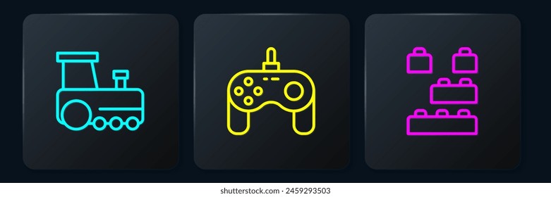 Set line Toy train, building block bricks and Gamepad. Black square button. Vector