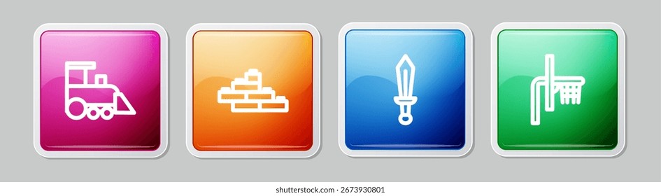 Fije la línea del tren del juguete, ladrillos del bloque de construcción, juguete de la espada y tablero del baloncesto. Colorido Botón cuadrado. Vector