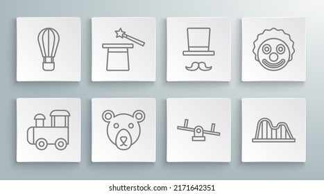 Set line Toy train, Magic hat and wand, Bear head, Seesaw, Roller coaster, Magician, Clown and Hot air balloon icon. Vector