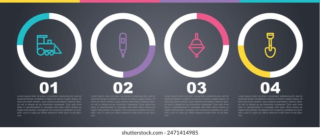 Set line Toy train, Marker pen, Whirligig toy and Shovel. Business infographic template. Vector