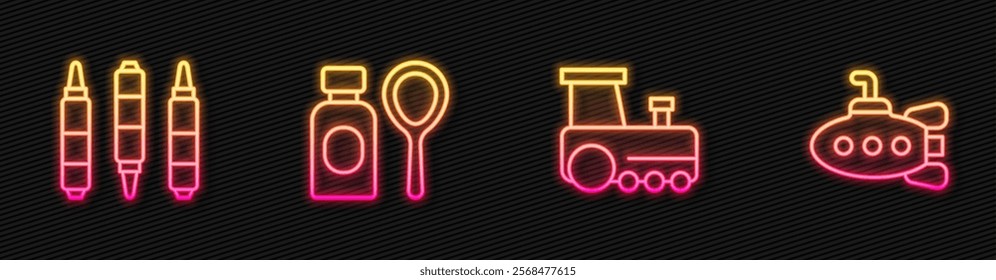 Set line Toy train, Marker pen, Soap bubbles bottle and Submarine toy. Glowing neon icon. Vector