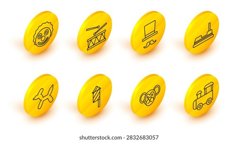 Set line Toy train, Monkey, Firework rocket, Balloon dog, Bumper car, Magician, Drum with drum sticks and Clown head icon. Vector