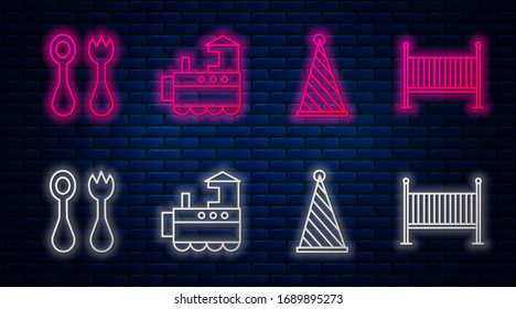 Línea Tren Juguetes, sombrero de fiesta, cubertería para bebés con tenedor y cuchara y cuna para bebés. Icono de neón brillante en la pared de ladrillo. Vector