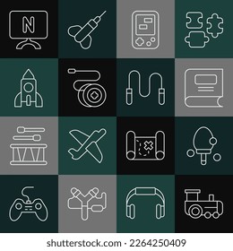 Set line Toy train, Racket, Book, Tetris electronic game, Yoyo toy, Rocket ship, Smart Tv and Jump rope icon. Vector