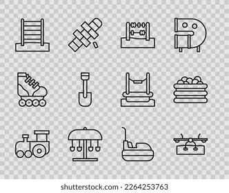 Set line Toy train, Seesaw, Abacus, Attraction carousel, Swedish wall, Shovel toy, Bumper and Pool with balls icon. Vector