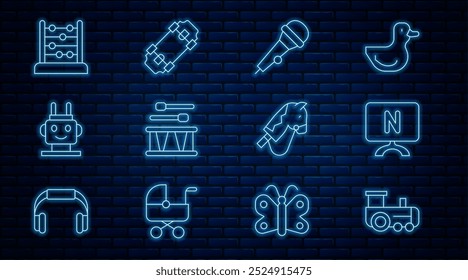 Set line Toy train, Smart Tv, Microphone, Drum with drum sticks, Robot toy, Abacus, horse and Skateboard icon. Vector