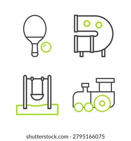 Set line Toy train, Swing, Kid playground slide pipe and Racket and ball icon. Vector