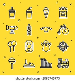 Set line Toy train, Target sport, Vintage bicycle, Ice cream waffle cone, Circus ticket, Swing plane, Paper glass with water and Jester hat bells icon. Vector